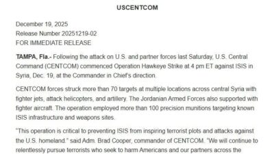ABD Merkez Kuvvetler Komutanlığı’ndan yapılan açıklamada, Suriye’deki DEAŞ unsurlarına yönelik
