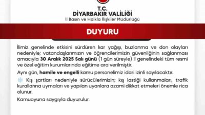 Diyarbakır Valiliği, kar yağışı ve buzlanma nedeniyle eğitime yarın da