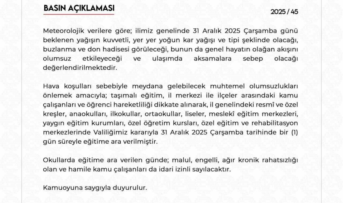 Niğde Valiliği, olumsuz hava şartları nedeniyle il genelinde eğitime 1