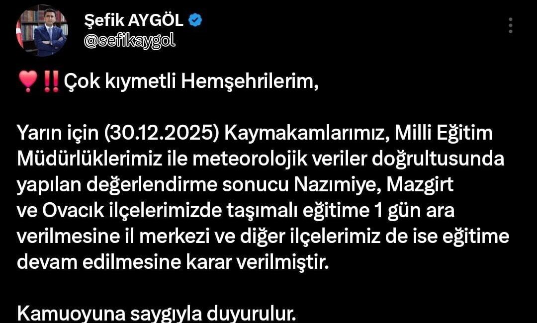 Tunceli’de yoğun kar yağışı ve buzlanma nedeniyle 3 ilçede taşımalı