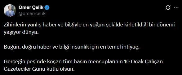 AK Parti Sözcüsü Ömer Çelik, 10 Ocak Çalışan Gazeteciler Günü’nü