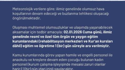 Ardahan Valiliği, olumsuz hava şartları nedeniyle yarın eğitime ara verildiğini