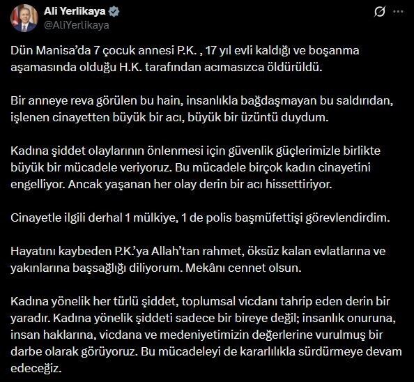 İçişleri Bakanı Ali Yerlikaya, Manisa’da 7 çocuk annesi kadının eşi