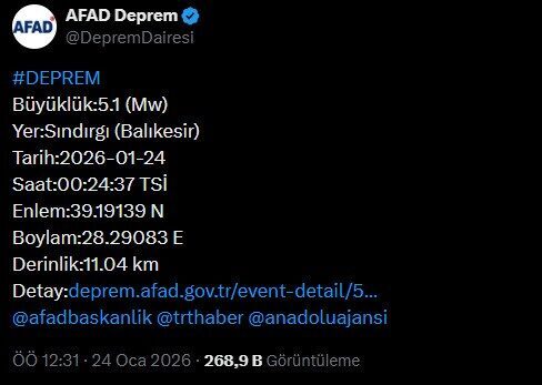 Balıkesir Valiliği bu gece yaşanan 5.1’lik deprem ile ilgili açıklamada