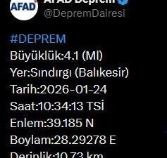 Afet ve Acil Durum Yönetimi Başkanlığı (AFAD), Balıkesir’de 4.1 büyüklüğünde