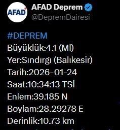 Afet ve Acil Durum Yönetimi Başkanlığı (AFAD), Balıkesir’de 4.1 büyüklüğünde