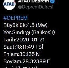 Afet ve Acil Durum Yönetimi Başkanlığı (AFAD), Balıkesir’de 4.5 büyüklüğünde