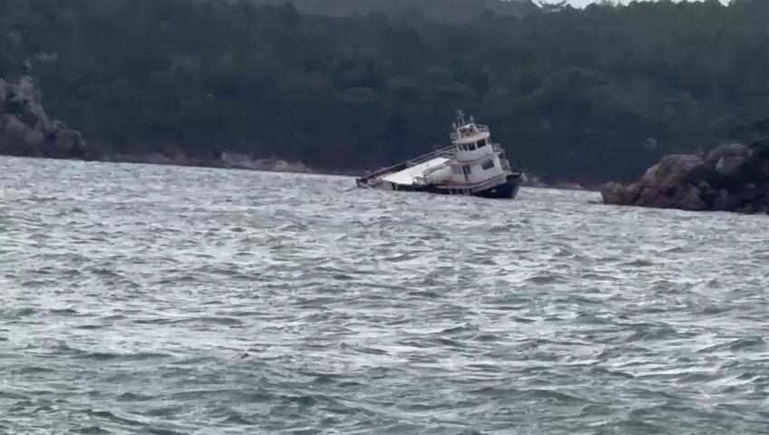 Balıkesir’in Ayvalık ilçesinde etkili olan kuvvetli lodos bir feribotu sürükledi.
