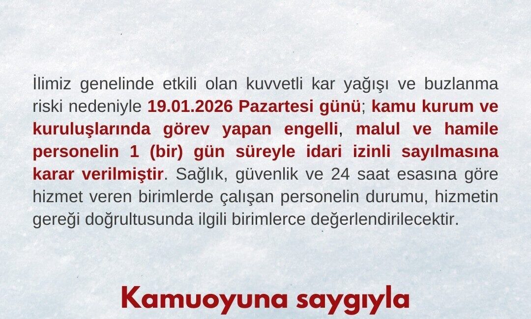 Bartın’da yoğun kar yağışı ve buzlanma nedeniyle kamu çalışanlarına bir