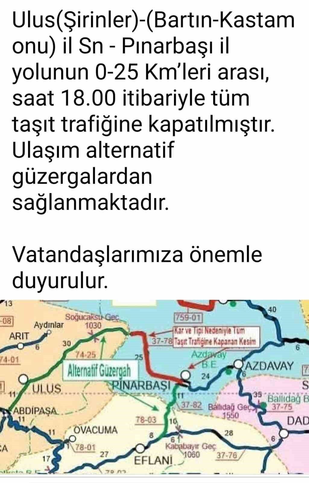 Bartın’ın Ulus ilçesi ile Kastamonu’nun Pınarbaşı arasındaki kara yolu, kar