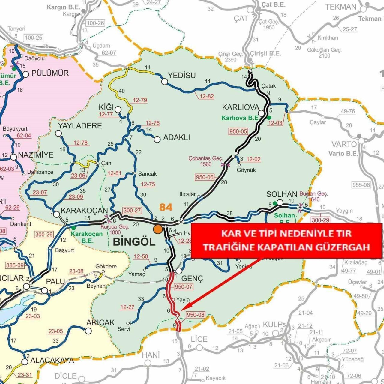 Bingöl-Diyarbakır karayolunun bir kısmı, kar ve tipi nedeniyle tır trafiğine