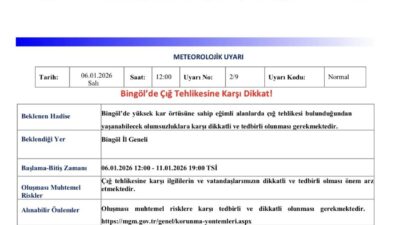 Meteoroloji 13. Bölge Müdürlüğü, Bingöl için çığ uyarısında bulundu. Meteoroloji