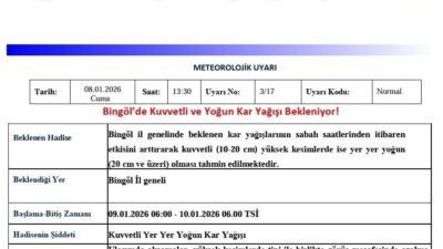 Meteoroloji 13. Bölge Müdürlüğü, Bingöl için kuvvetli ve yoğun kar