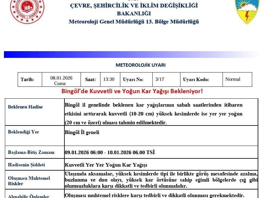 Meteoroloji 13. Bölge Müdürlüğü, Bingöl için kuvvetli ve yoğun kar