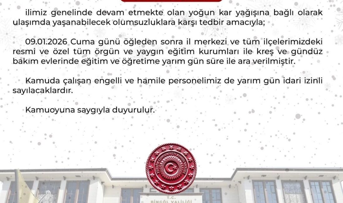 Bingöl’de etkili olan kar yağışı nedeniyle eğitime yarım gün ara