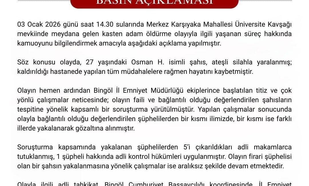 Bingöl’de bir kişinin hayatını kaybettiği cinayet olayında polis ekipleri tarafından
