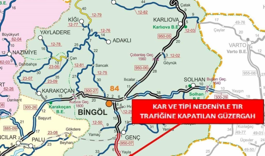 Bingöl-Erzurum ve Bingöl-Diyarbakır karayolunun bir kısmı etkili olan kar ve