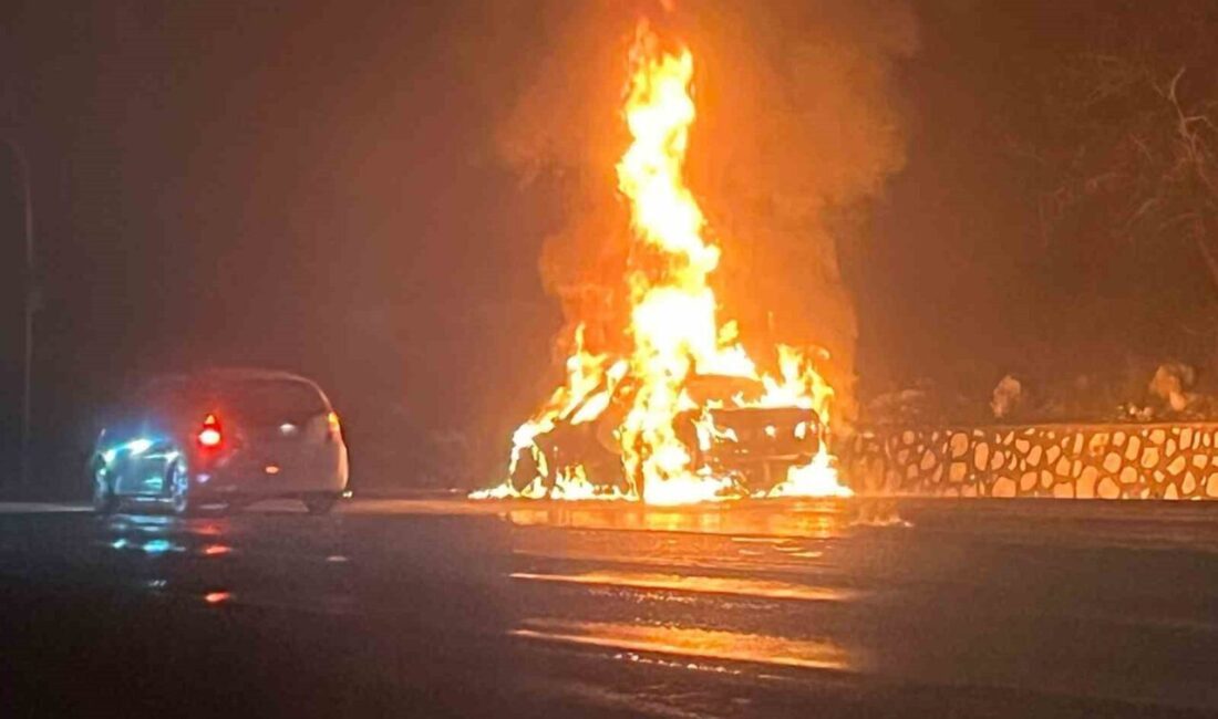 Burdur’un Bucak ilçesine seyir halindeki otomobil alev alev yandı. Yangında