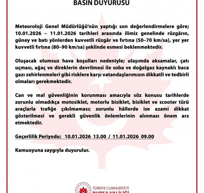 Bursa Valiliği, kent genelinde etkisini sürdüren şiddetli lodos ve fırtına