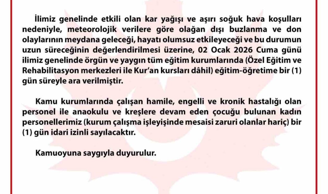 Bursa’da kar yağışı ve aşırı soğuk hava şartları sebebiyle okullarda