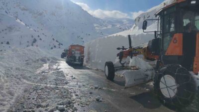 Van-Bahçesaray yoluna düşen çığı temizlemek için bölgede çalışma yürüten karayollarına