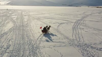 Çıldır Gölü’nün yüzeyi, soğuk havanın etkisiyle buz tutmaya başladı. En