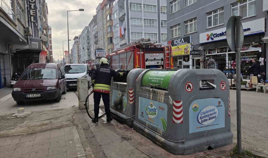 Samsun’un İlkadım ilçesinde meydana gelen çöp konteyneri yangınını, itfaiye ekipleri