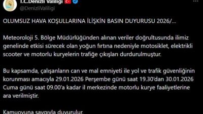 Meteoroloji verileri doğrultusunda etkisini sürdürecek yoğun fırtına nedeniyle Denizli Valiliği,