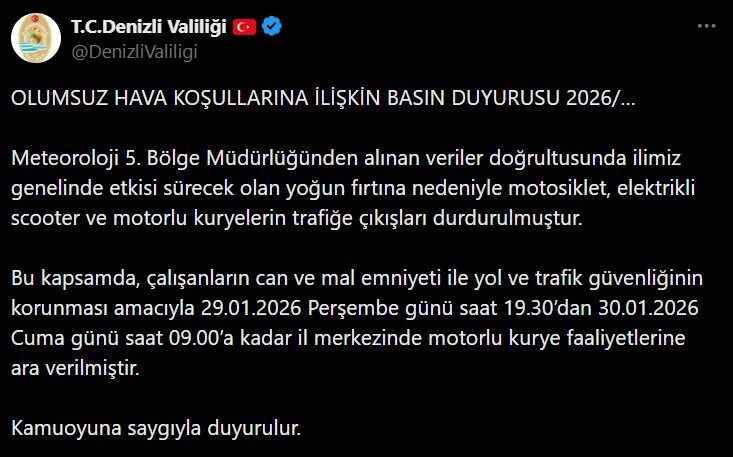 Meteoroloji verileri doğrultusunda etkisini sürdürecek yoğun fırtına nedeniyle Denizli Valiliği,
