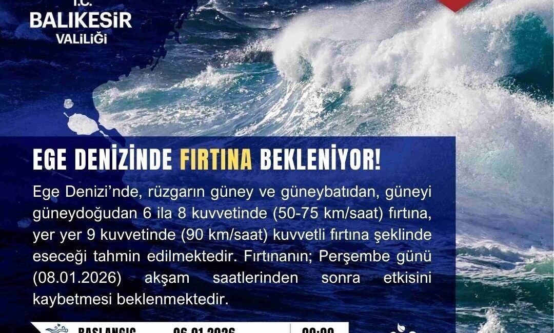 Balıkesir Valiliği, Ege Denizi’nde beklenen fırtına ve kuvvetli fırtınaya karşı