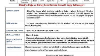 Meteoroloji 13. Bölge Müdürlüğü, Elazığ için kuvvetli yağış uyarısında bulundu.