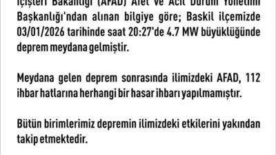 Elazığ’da meydana gelen 4.7 büyüklüğündeki deprem sonrası Valilik, herhangi bir