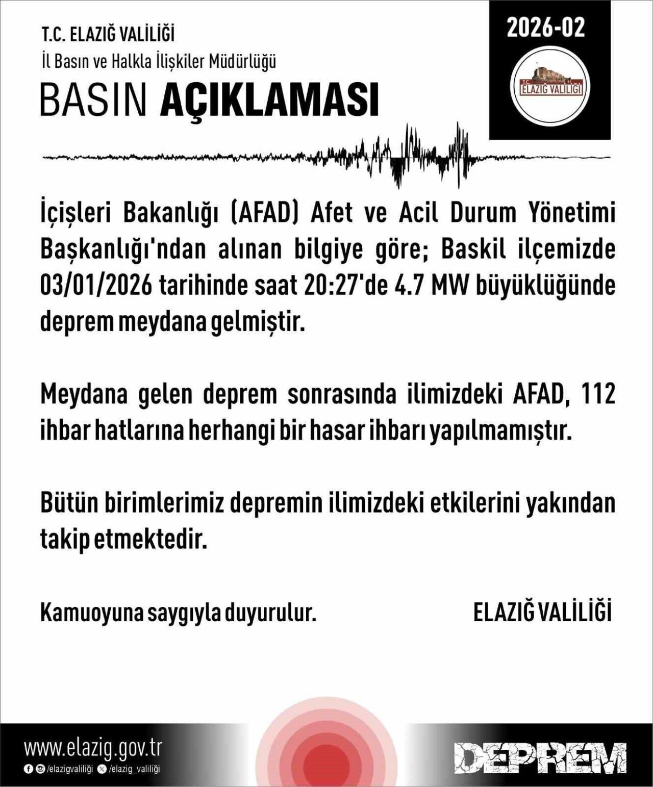 Elazığ’da meydana gelen 4.7 büyüklüğündeki deprem sonrası Valilik, herhangi bir