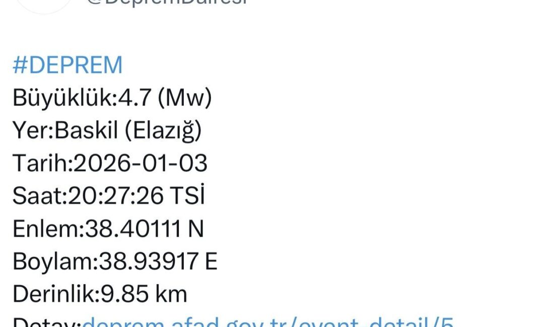 Elazığ’ın Baskil ilçesinde 4.7 büyüklüğünde deprem meydana geldi. Afet ve