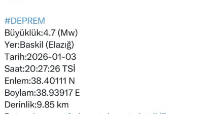 Elazığ’ın Baskil ilçesinde 4.7 büyüklüğünde deprem meydana geldi. Afet ve