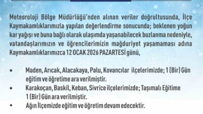 Elazığ’ın 5 ilçesinde eğitim-öğretime ara verilirken 4 ilçesinde ise taşımalı