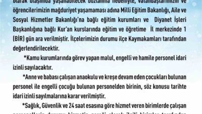 Elazığ’da kar yağışı nedeniyle eğitim-öğretime 1 gün ara verildi. Elazığ
