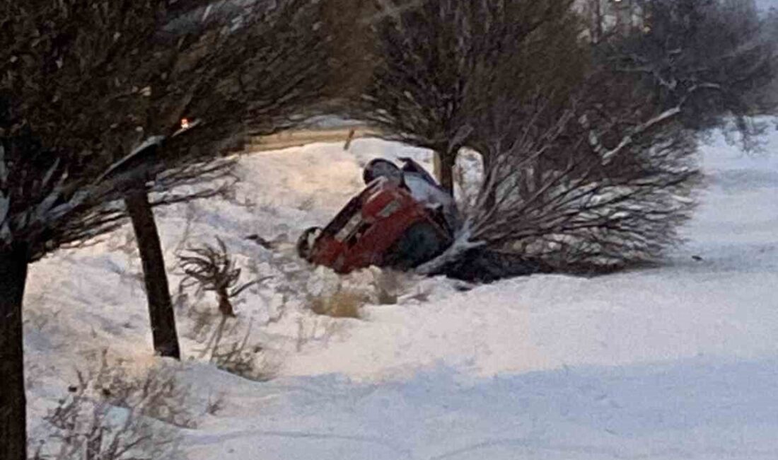 Elazığ’da otomobil, kar yağışından dolayı kayganlaşan yolda kayarak şarampole devrildi.