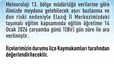 Elazığ don ve buzlanma nedeniyle il merkezinde ve 5 ilçesinde