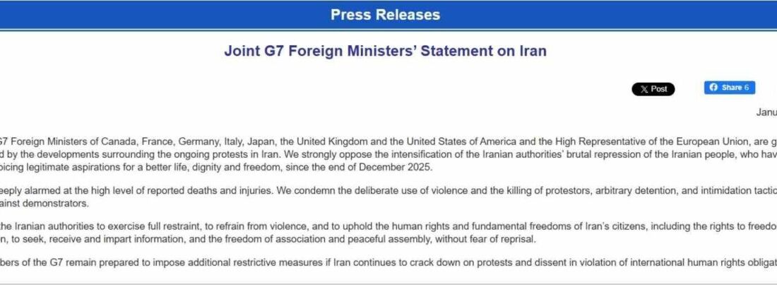 G7 ülkelerinin dışişleri bakanları, İran’ın protestoculara karşı şiddete başvurmasını kınayarak,