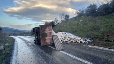 Balıkesir’in Gönen ilçesinde Gönen-Denizkent yolu Ulukır mevkiinde yem yüklü bir