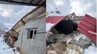 Hakkari’nin Çukurca ilçesinde çatısına biriken karın yüküne dayanamayan bir ahır