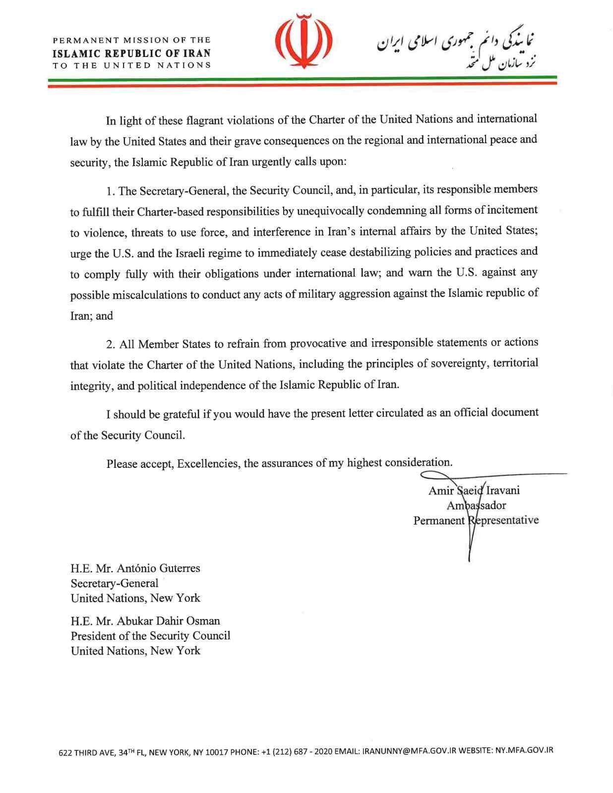 İran’ın BM Daimi Temsilcisi Emir Said İravani, BM Güvenlik Konseyi’ne