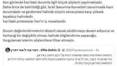 İsrail ordusundan yapılan açıklamada, İran’daki durum ve İsrail’in pozisyonu ile