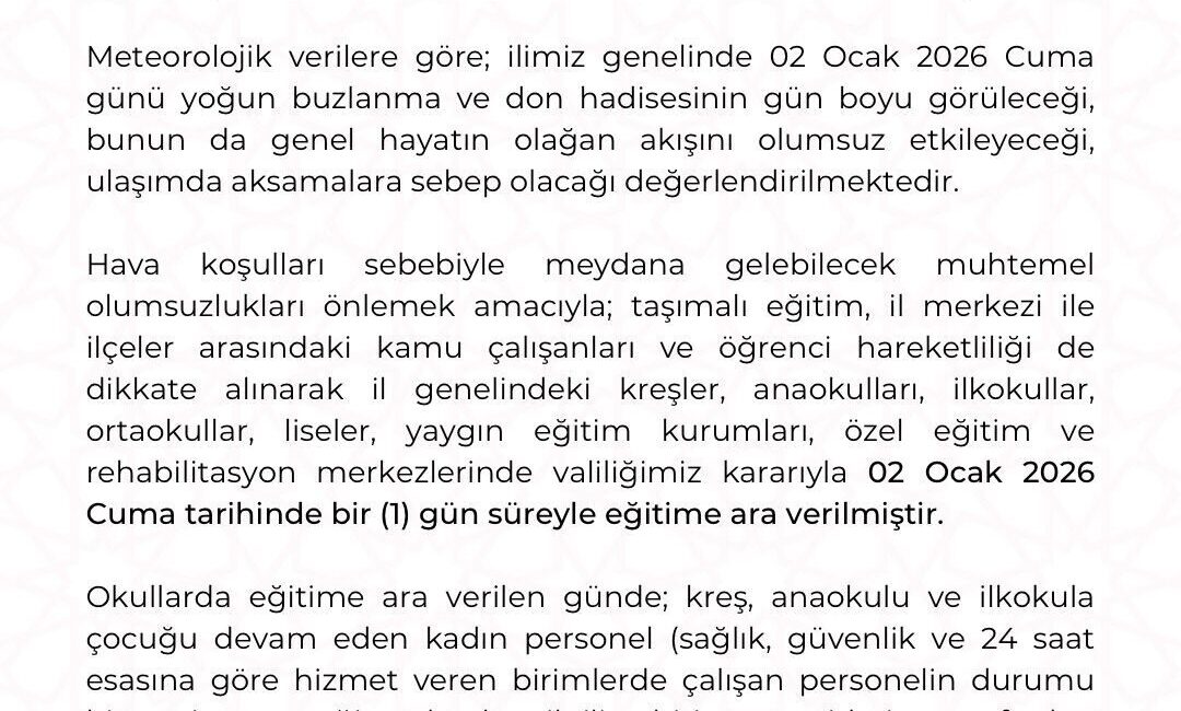 Kayseri’de yoğun kar yağışından nedeniyle eğitime 1 gün ara verildi.