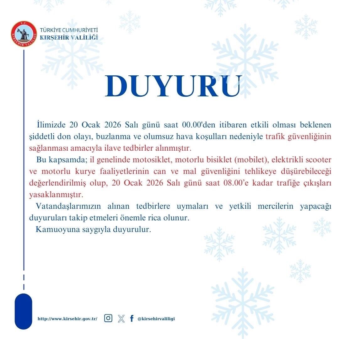 Kırşehir’de olumsuz hava şartları nedeniyle 20 Ocak sabah saat 08.00’e