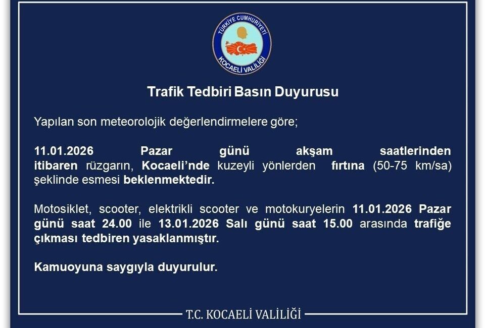 Kocaeli Valiliği, etkili olması beklenen fırtına nedeniyle motosiklet, scooter, elektrikli