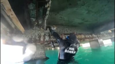 Balıkesir’in Edremit ilçesinde, denizin kenarındaki iskelenin altında mahsur kalan kedi,