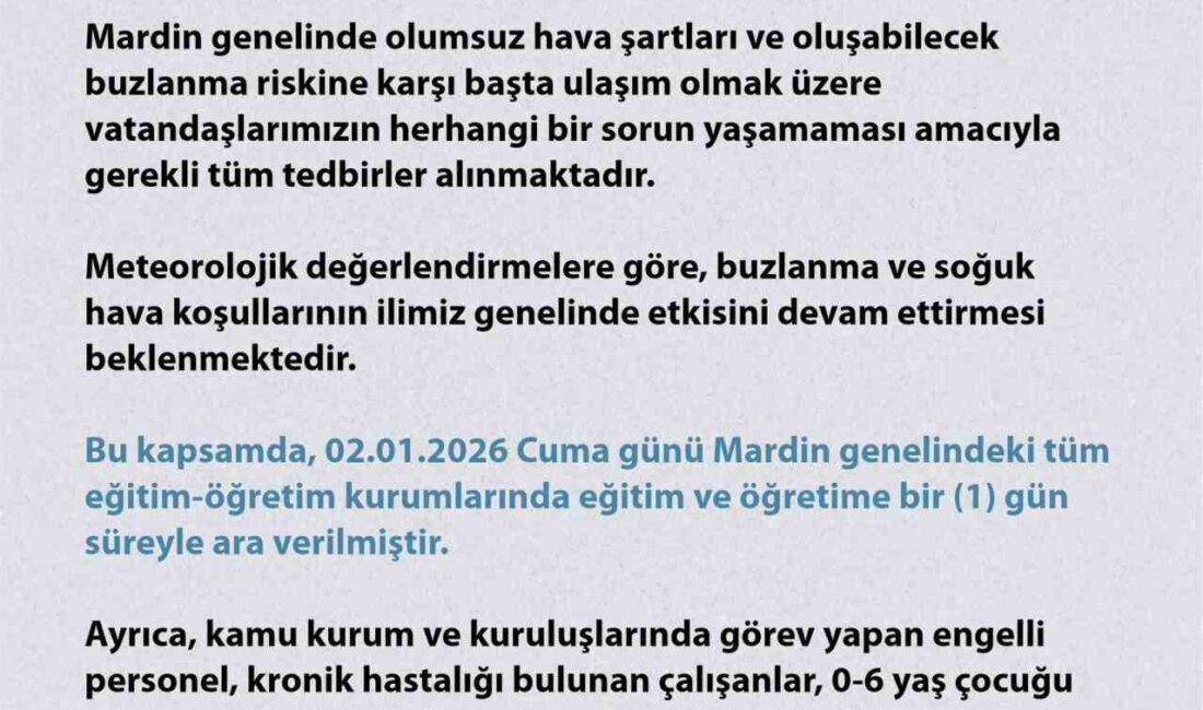 Mardin’de yoğun kar nedeni ile eğitime 1 gün ara verildi.