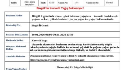 Meteoroloji 13. Bölge Müdürlüğü tarafından Bingöl için kuvvetli yağış uyarısı